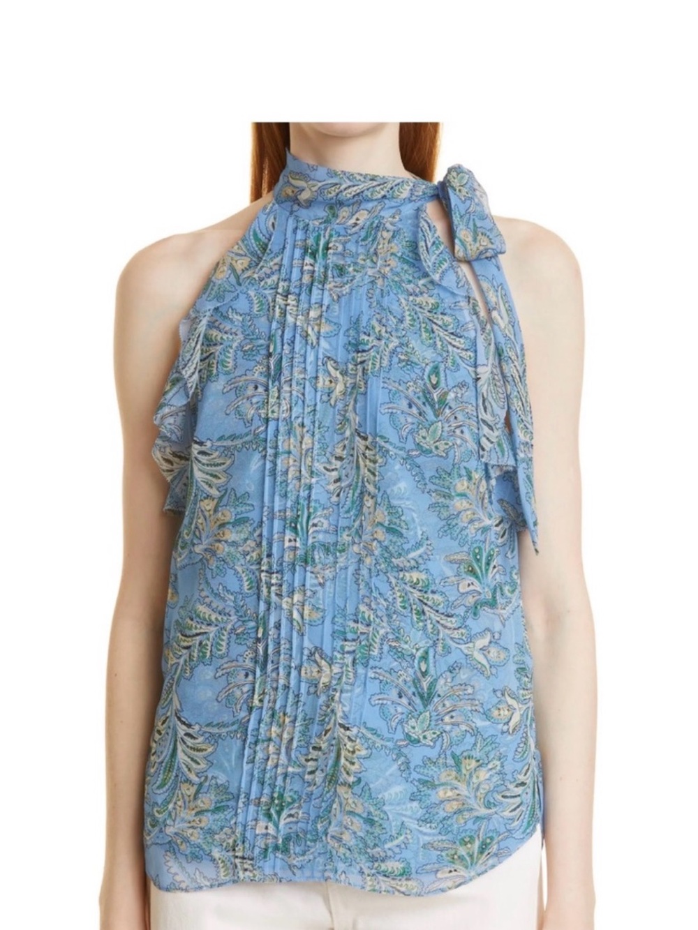 Veronica Beard Sky Blue Paisley Halter Tie-Shoulder Blouse